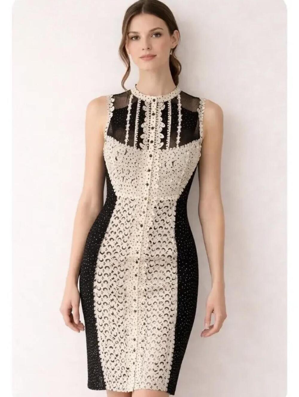 Byron Lars Beguile Laser Cut Sleeveless Black/Cream Sheath Dress 2 Party Wedding